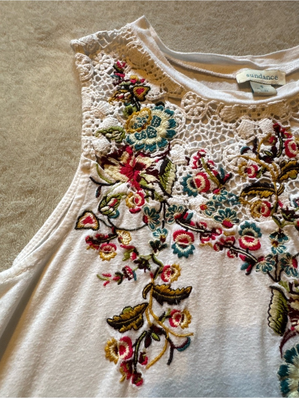 Sundance Traveling Vines Floral Embroidered Crochet Sleeveless Top Small